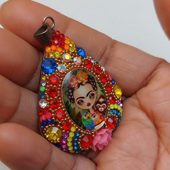 Frida Kahlo Inspired Vibrant Multicolor Crystal Paved Sterling Silver Pendant - Picture 10 of 10